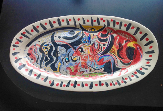 Cat & Lobster: - homage to Picasso. Ceramic and hand painted, signed verso